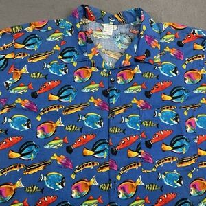 Alexander Henry Men Shirt Fish Print Blue Cotton 1998 Tropicana Hawaiian XXL